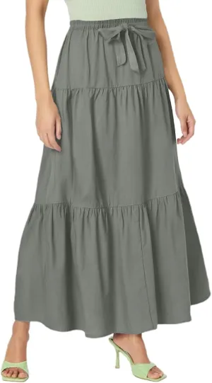Linen Midi Skirts for Women Summer Boho Flowy Swing Tiered Long Maxi Skirt Elastic Drawstring Pleated Beach Skirt