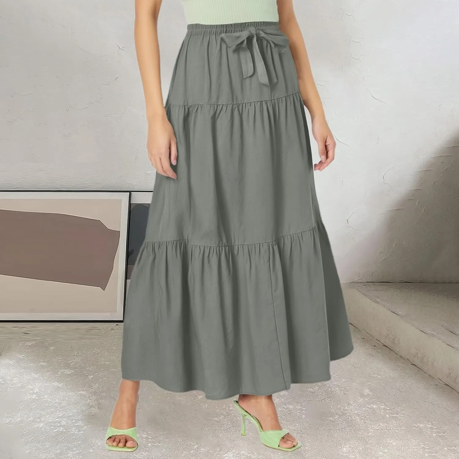 Linen Midi Skirts for Women Summer Boho Flowy Swing Tiered Long Maxi Skirt Elastic Drawstring Pleated Beach Skirt