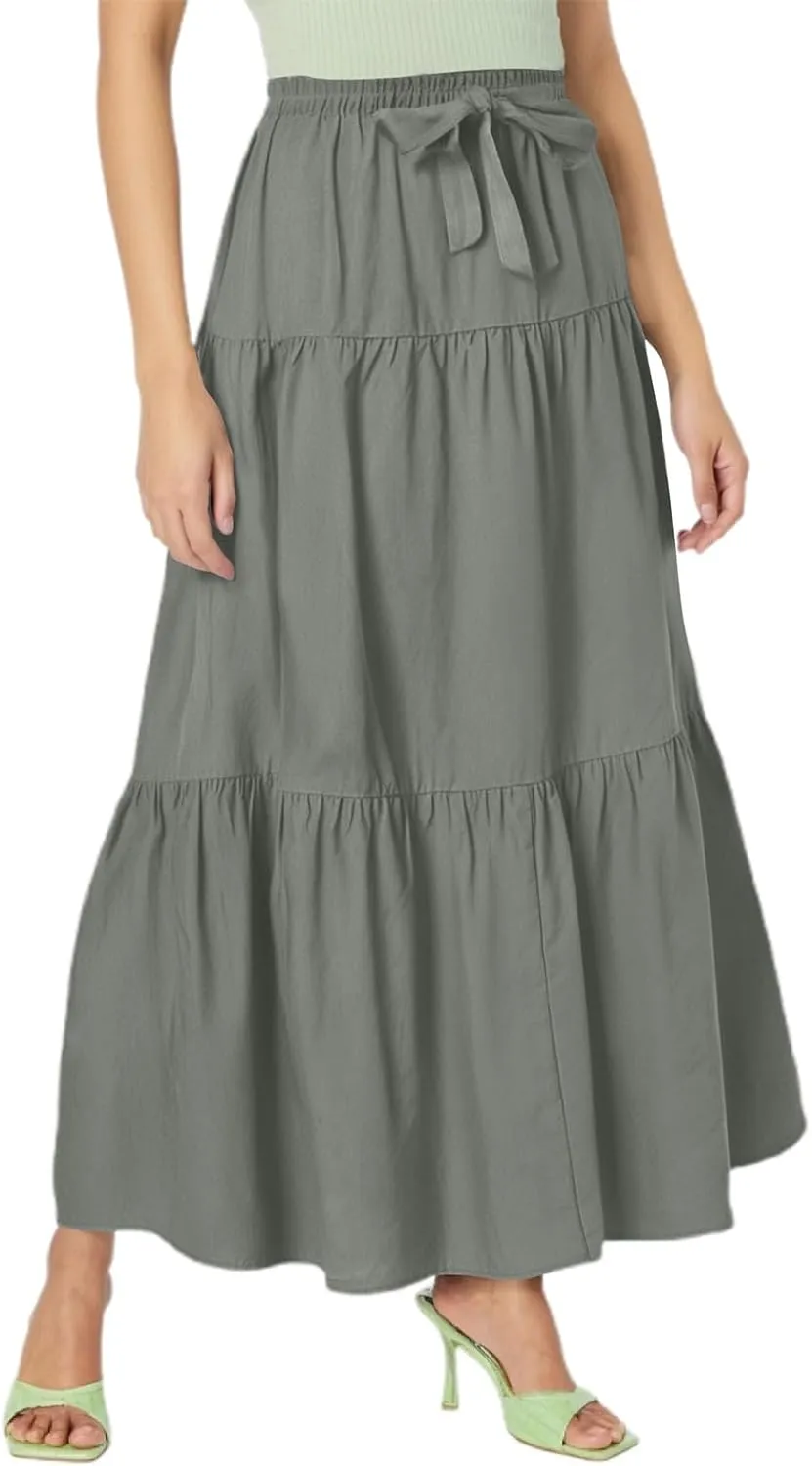 Linen Midi Skirts for Women Summer Boho Flowy Swing Tiered Long Maxi Skirt Elastic Drawstring Pleated Beach Skirt