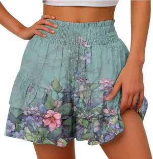 Linen Shorts for Women 2025 Summer Solid Color High Waisted Short with Floral Pleated Hem Casual Ruffle Baggy Shorts