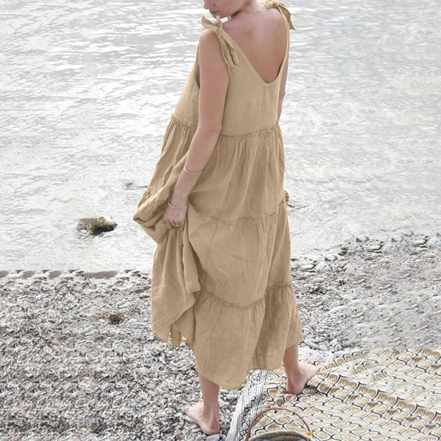 Linen Sundresses for Women 2025 Vacation Tie Shoulder V Neck Tiered Maxi Dress Flowy Summer Long Beach Sundress