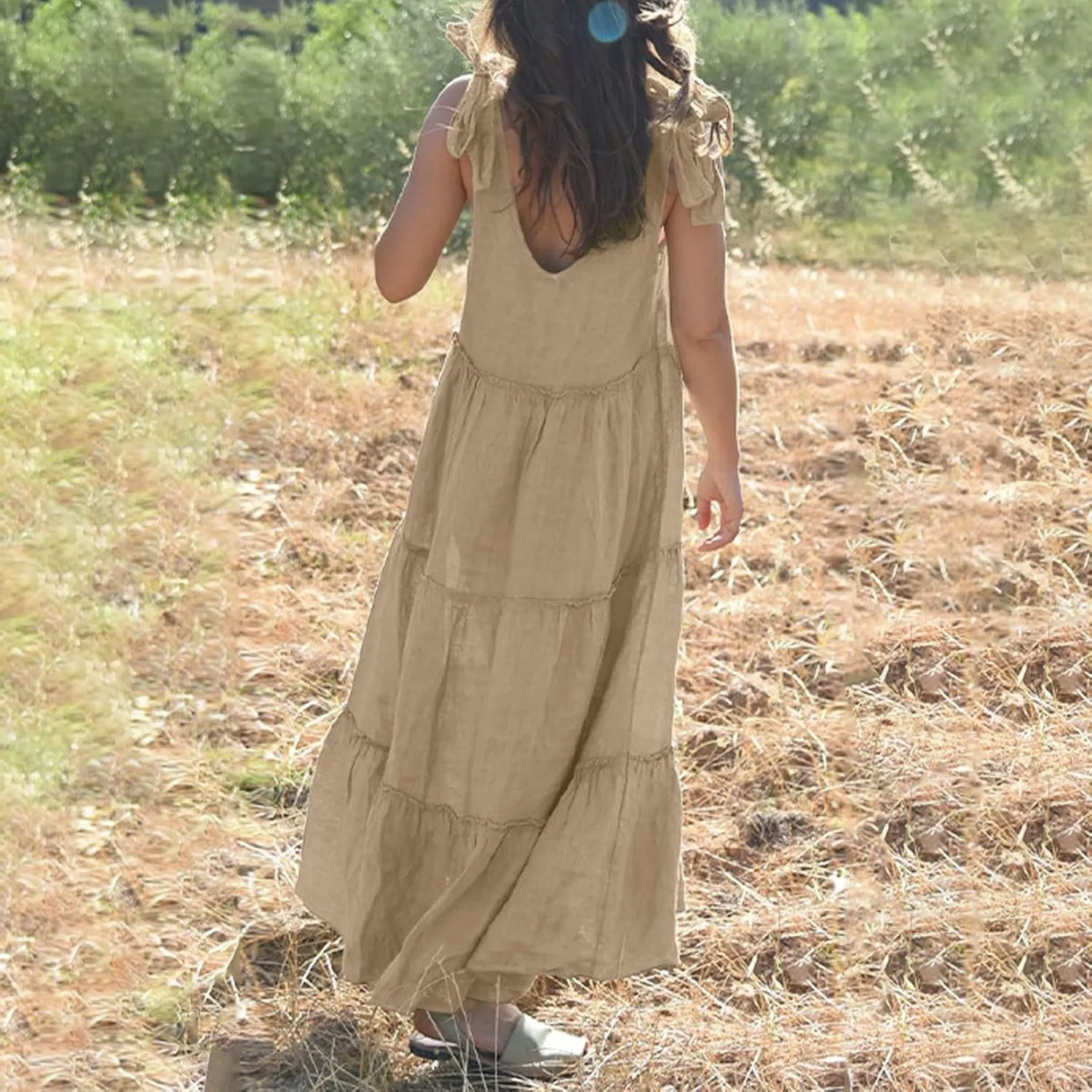 Linen Sundresses for Women 2025 Vacation Tie Shoulder V Neck Tiered Maxi Dress Flowy Summer Long Beach Sundress