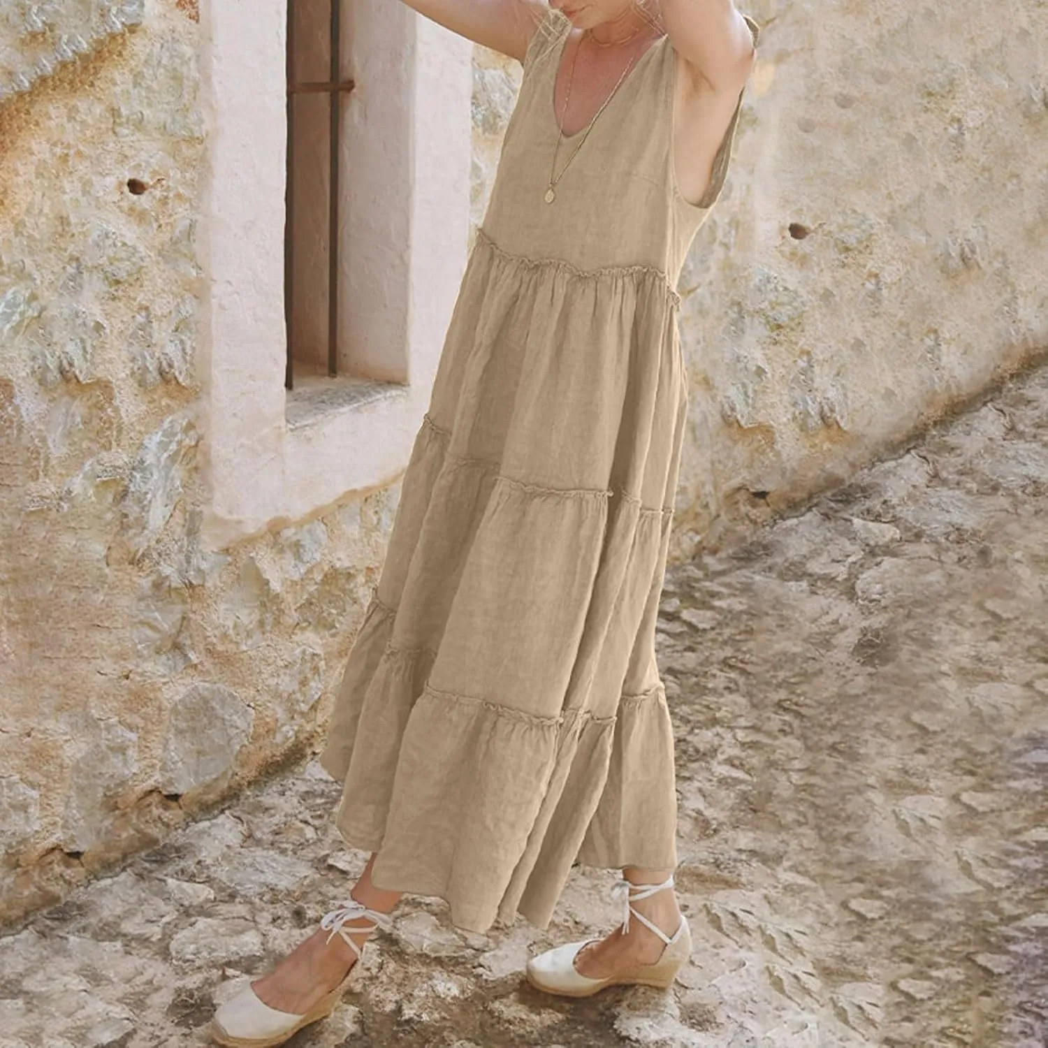 Linen Sundresses for Women 2025 Vacation Tie Shoulder V Neck Tiered Maxi Dress Flowy Summer Long Beach Sundress
