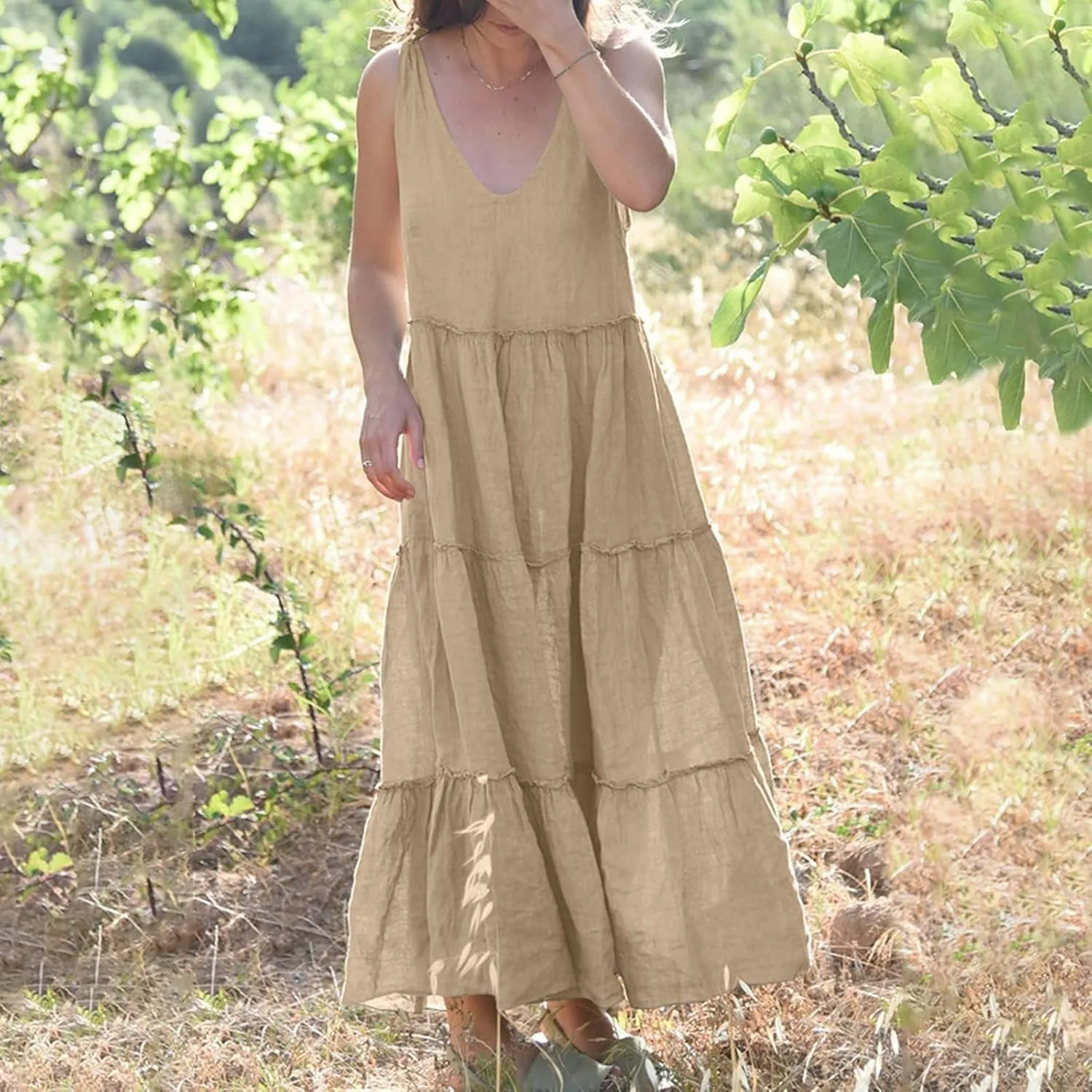 Linen Sundresses for Women 2025 Vacation Tie Shoulder V Neck Tiered Maxi Dress Flowy Summer Long Beach Sundress