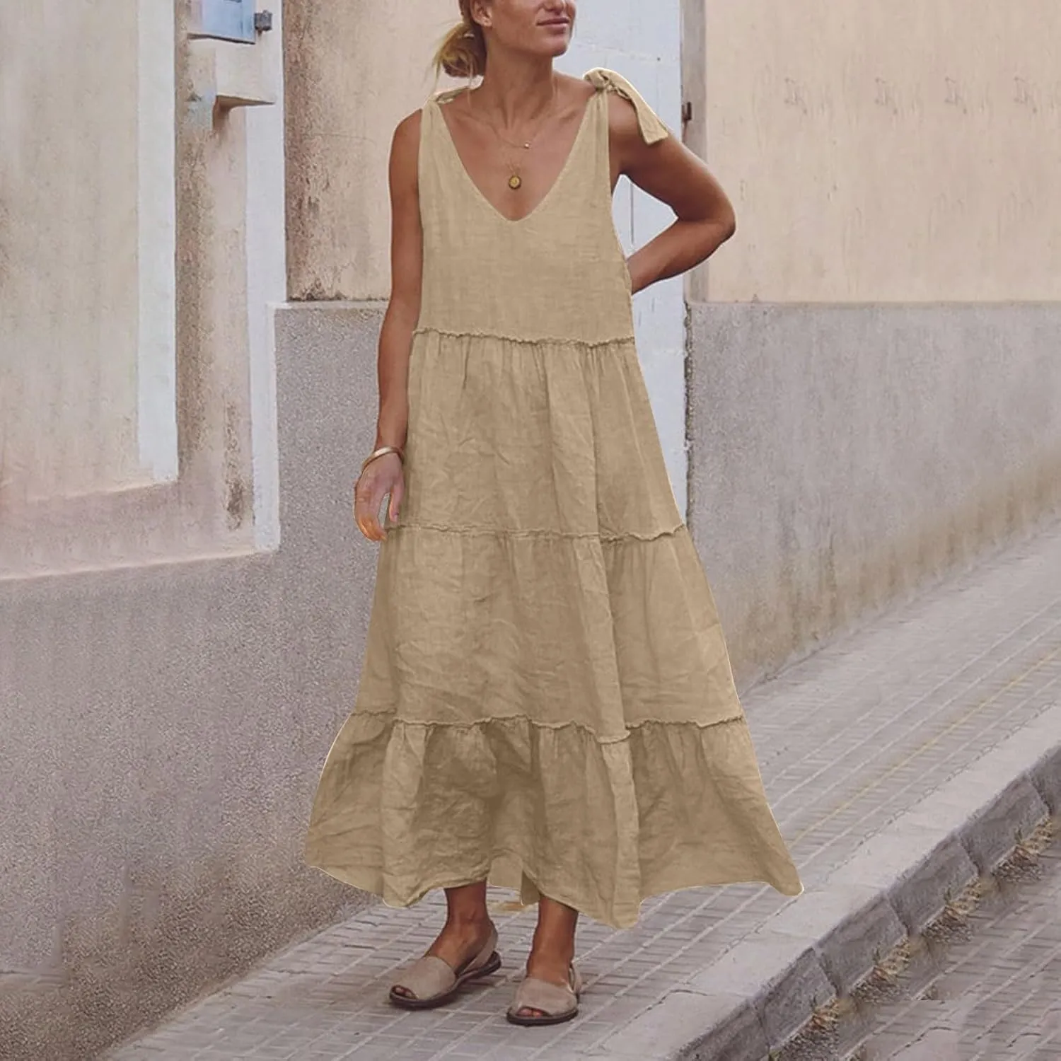 Linen Sundresses for Women 2025 Vacation Tie Shoulder V Neck Tiered Maxi Dress Flowy Summer Long Beach Sundress