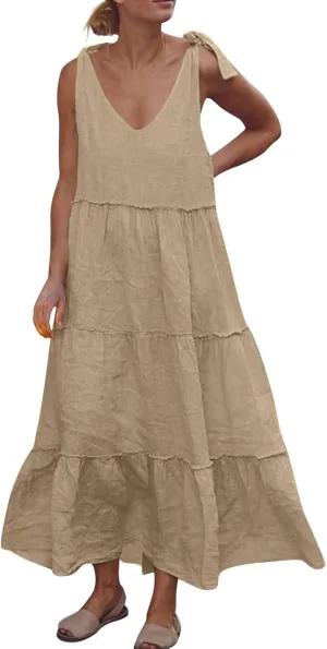 Linen Sundresses for Women 2025 Vacation Tie Shoulder V Neck Tiered Maxi Dress Flowy Summer Long Beach Sundress