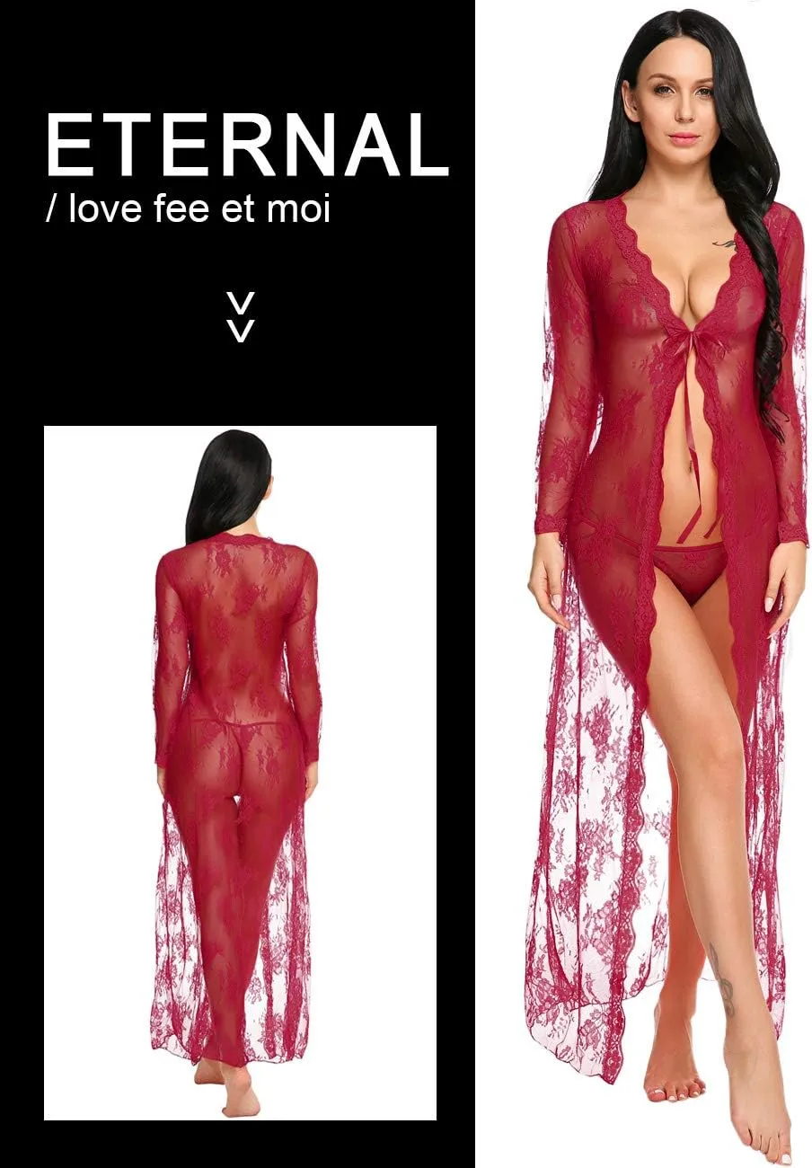 Lingerie for Women Sexy Long Lace Dress Sheer Gown See Through Kimono Robe