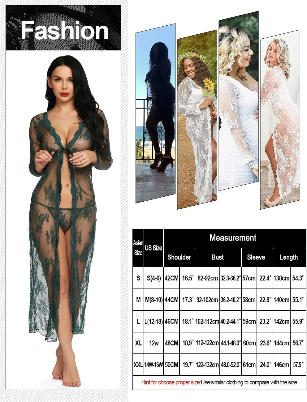 Lingerie for Women Sexy Long Lace Dress Sheer Gown See Through Kimono Robe