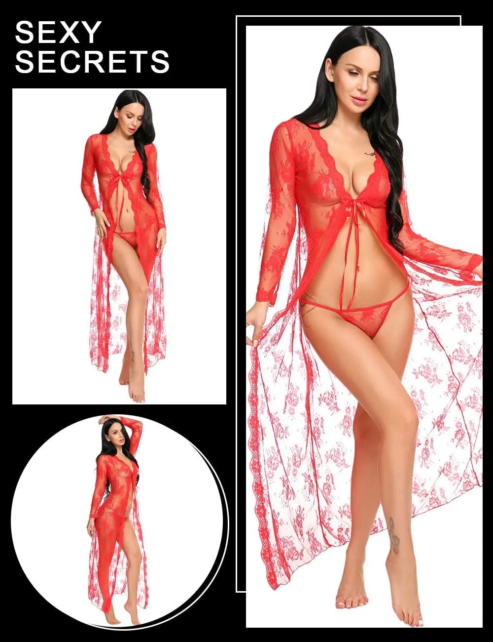Lingerie for Women Sexy Long Lace Dress Sheer Gown See Through Kimono Robe