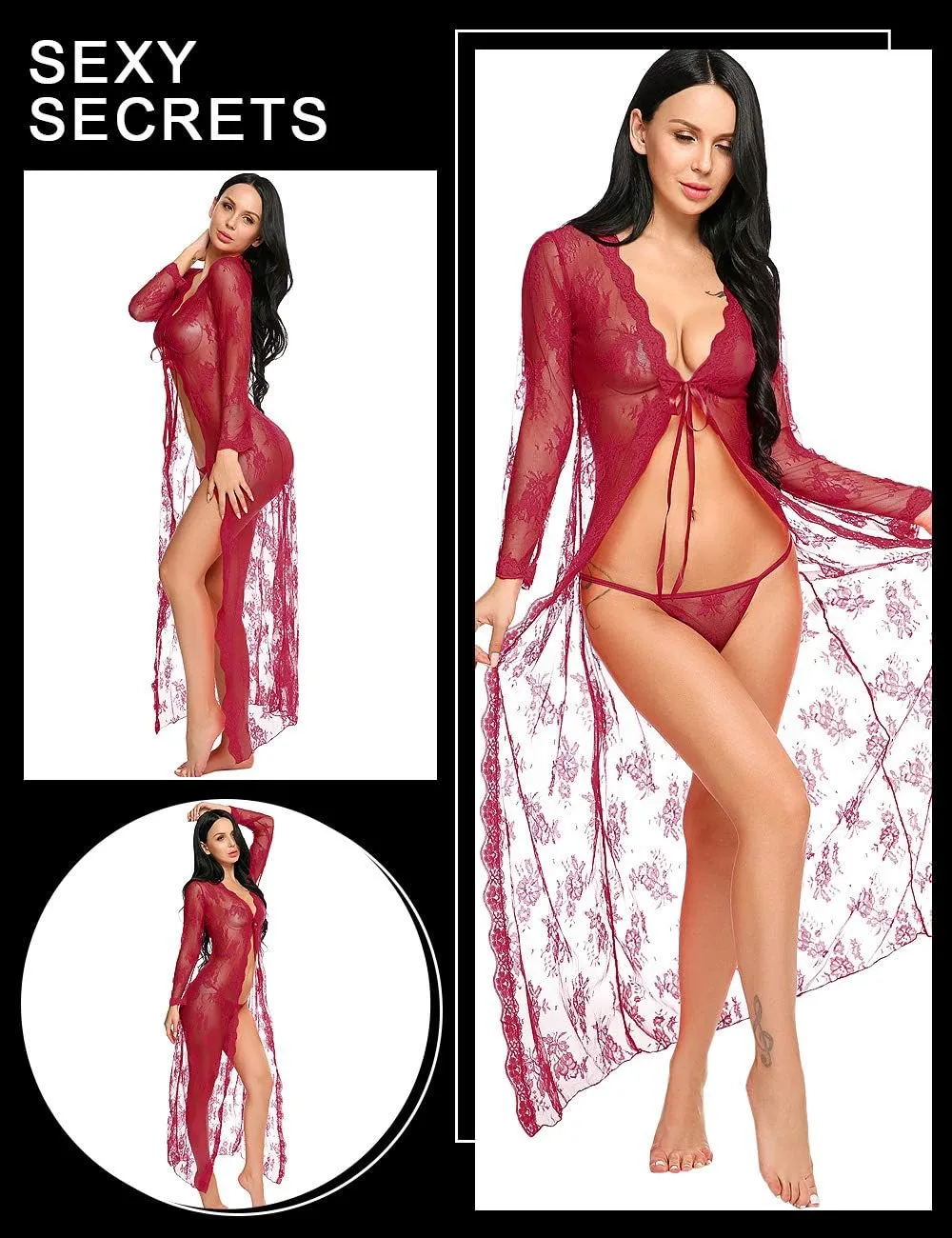 Lingerie for Women Sexy Long Lace Dress Sheer Gown See Through Kimono Robe