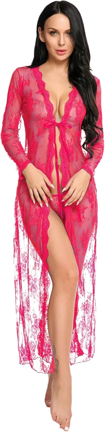 Lingerie for Women Sexy Long Lace Dress Sheer Gown See Through Kimono Robe