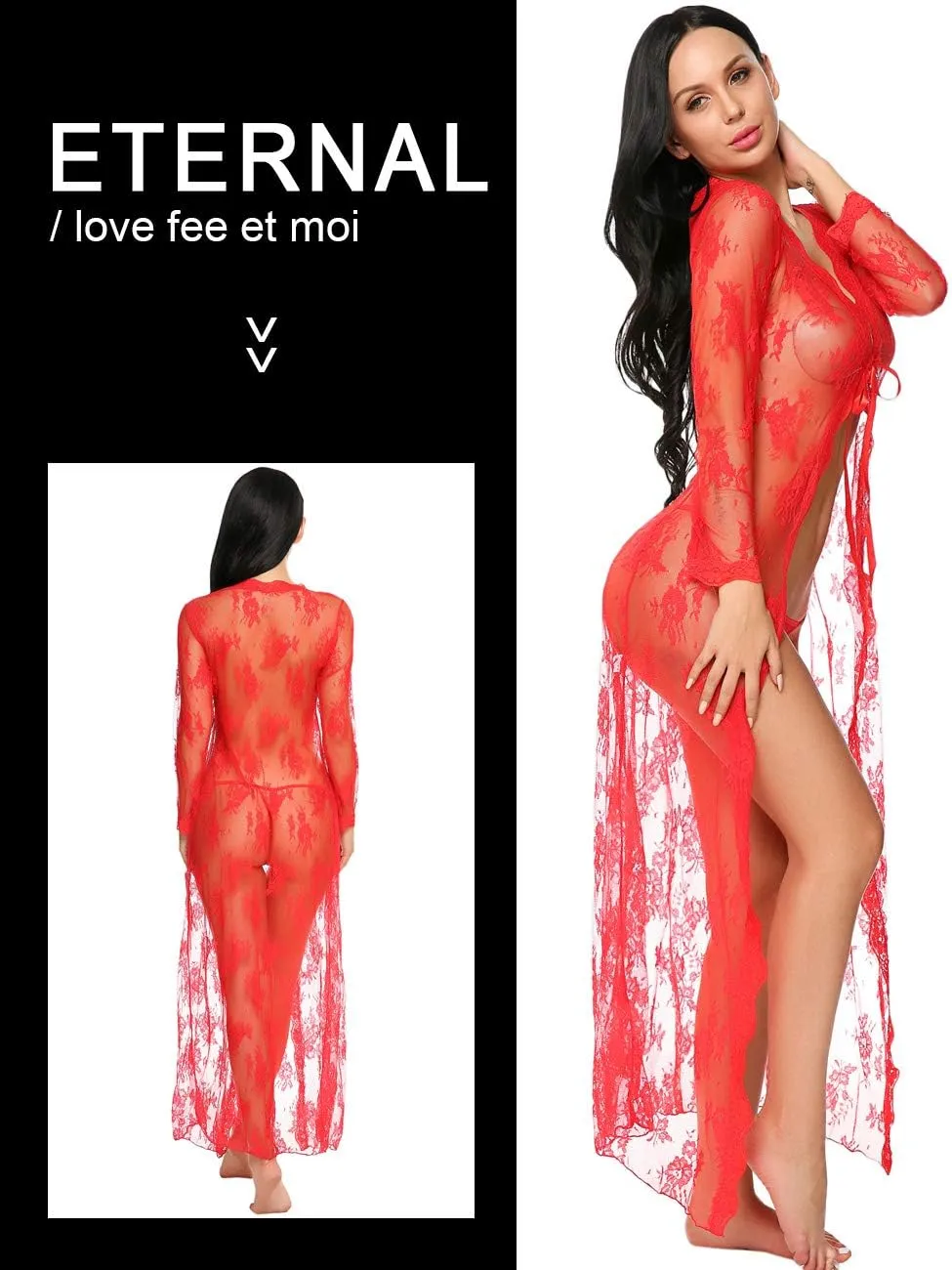 Lingerie for Women Sexy Long Lace Dress Sheer Gown See Through Kimono Robe