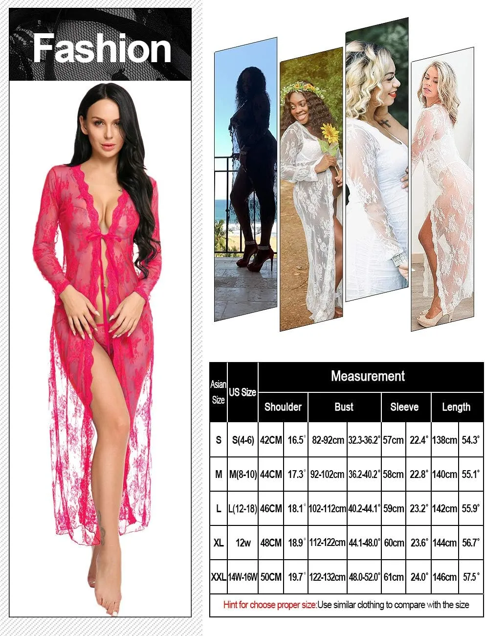 Lingerie for Women Sexy Long Lace Dress Sheer Gown See Through Kimono Robe