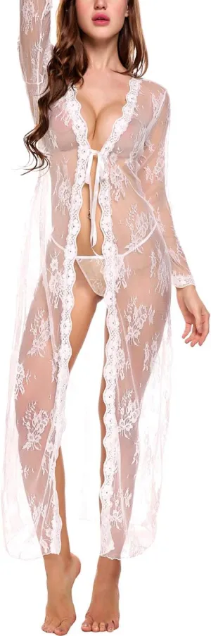 Lingerie for Women Sexy Long Lace Dress Sheer Gown See Through Kimono Robe