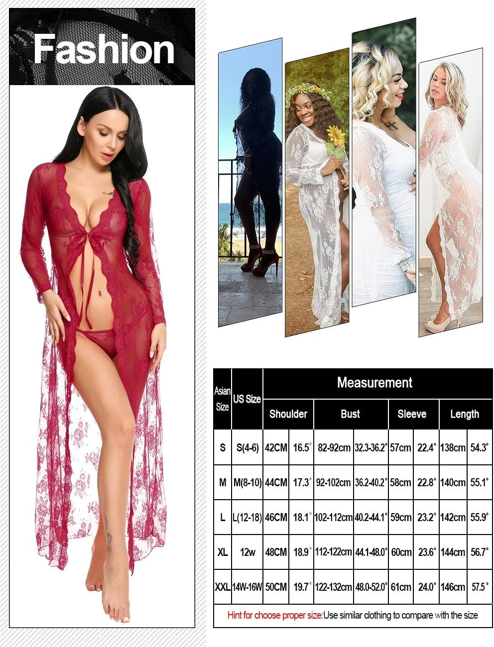 Lingerie for Women Sexy Long Lace Dress Sheer Gown See Through Kimono Robe