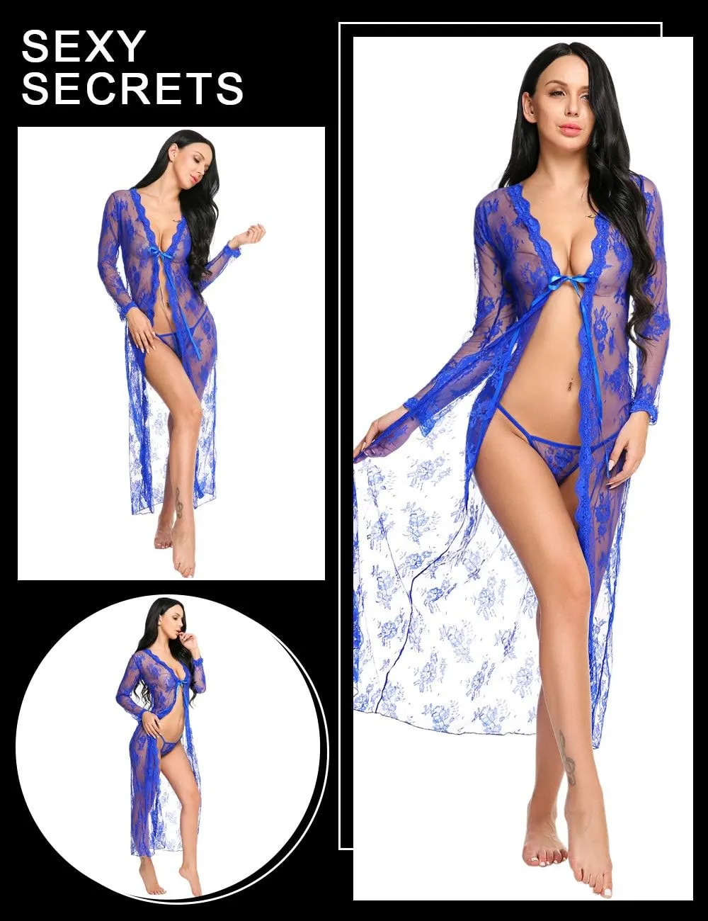 Lingerie for Women Sexy Long Lace Dress Sheer Gown See Through Kimono Robe