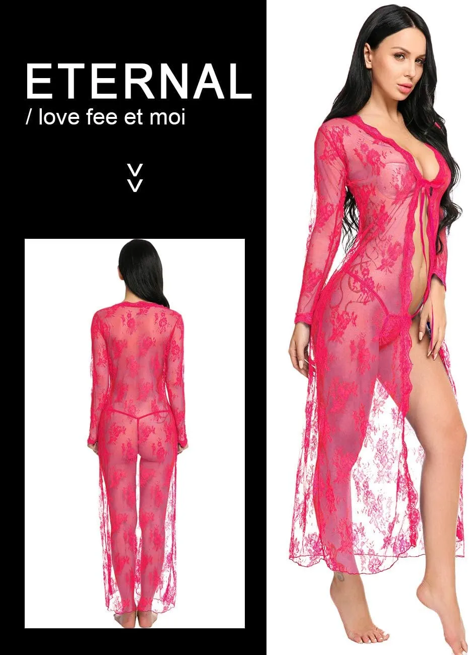 Lingerie for Women Sexy Long Lace Dress Sheer Gown See Through Kimono Robe