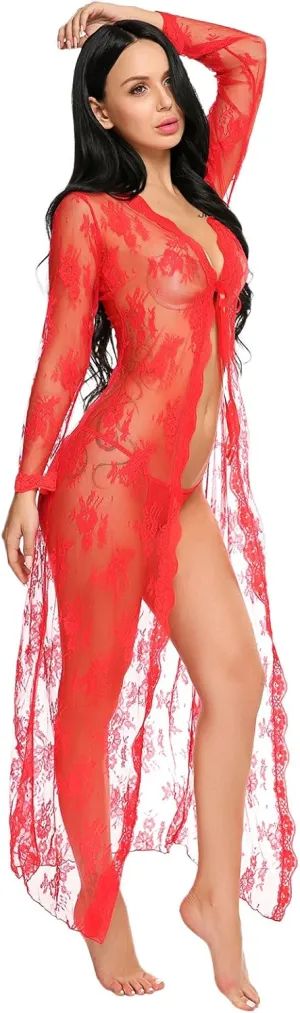 Lingerie for Women Sexy Long Lace Dress Sheer Gown See Through Kimono Robe