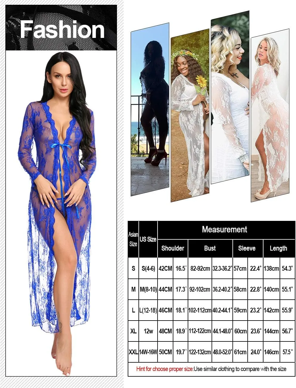 Lingerie for Women Sexy Long Lace Dress Sheer Gown See Through Kimono Robe