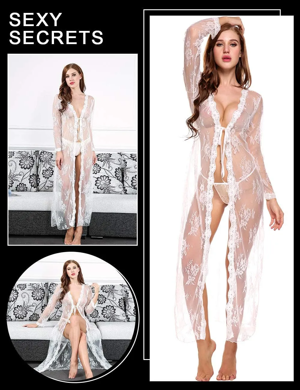 Lingerie for Women Sexy Long Lace Dress Sheer Gown See Through Kimono Robe
