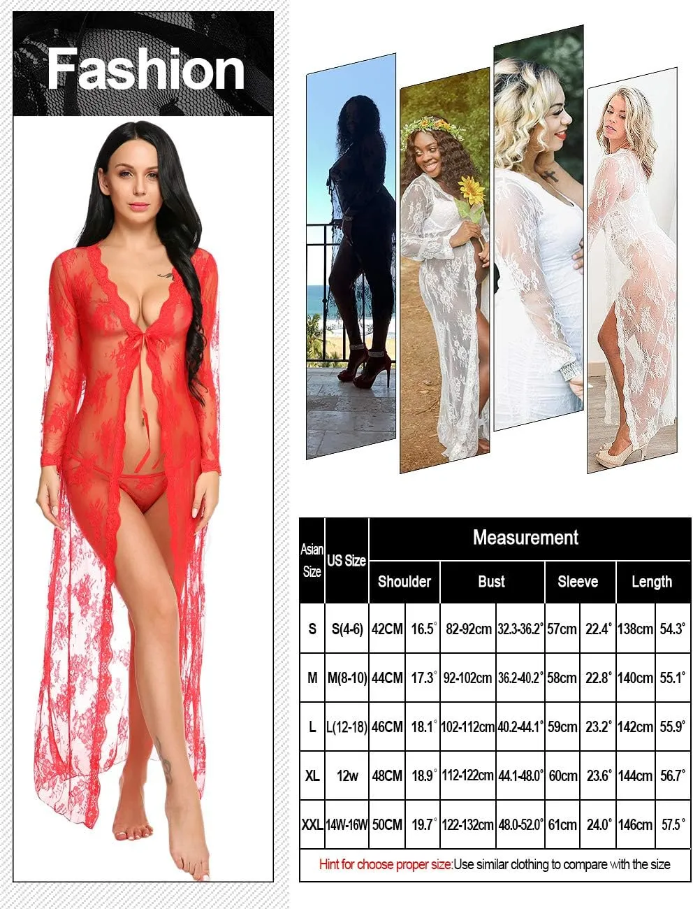 Lingerie for Women Sexy Long Lace Dress Sheer Gown See Through Kimono Robe