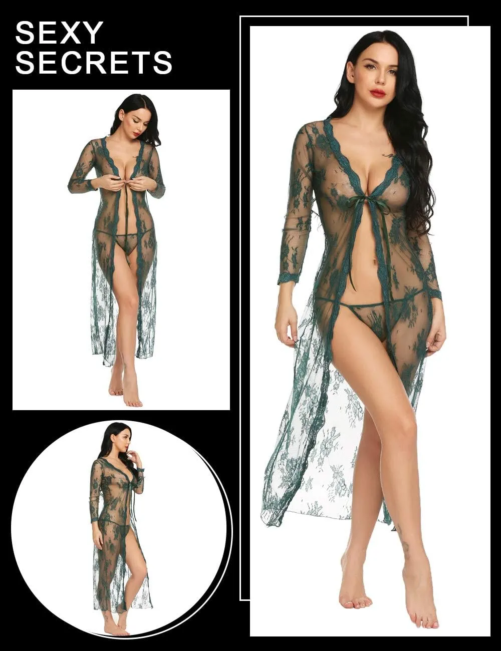 Lingerie for Women Sexy Long Lace Dress Sheer Gown See Through Kimono Robe
