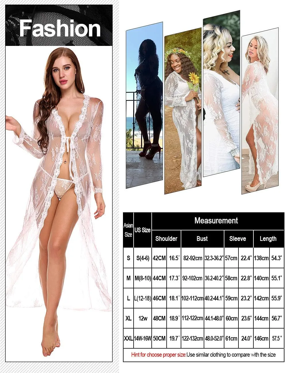 Lingerie for Women Sexy Long Lace Dress Sheer Gown See Through Kimono Robe