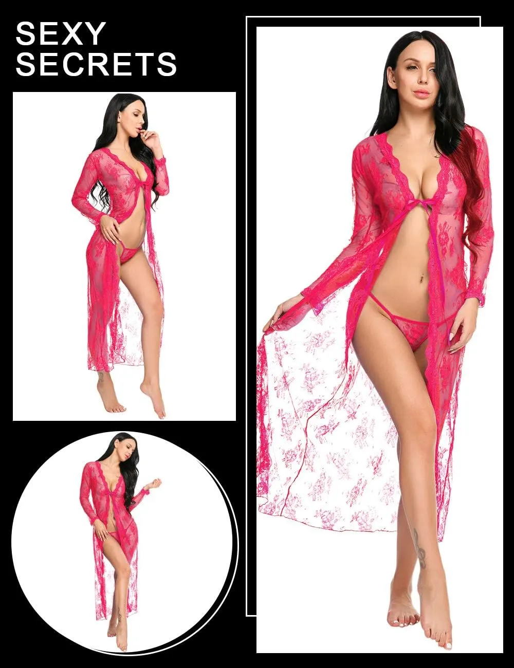 Lingerie for Women Sexy Long Lace Dress Sheer Gown See Through Kimono Robe