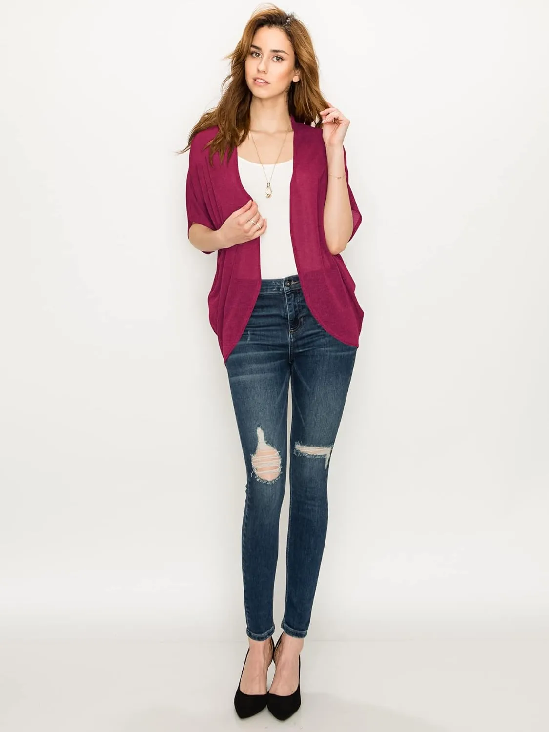 Lock and Love Kimono Style Women's Short Sleeve Open-Front Batwing Cardigan Loose fit