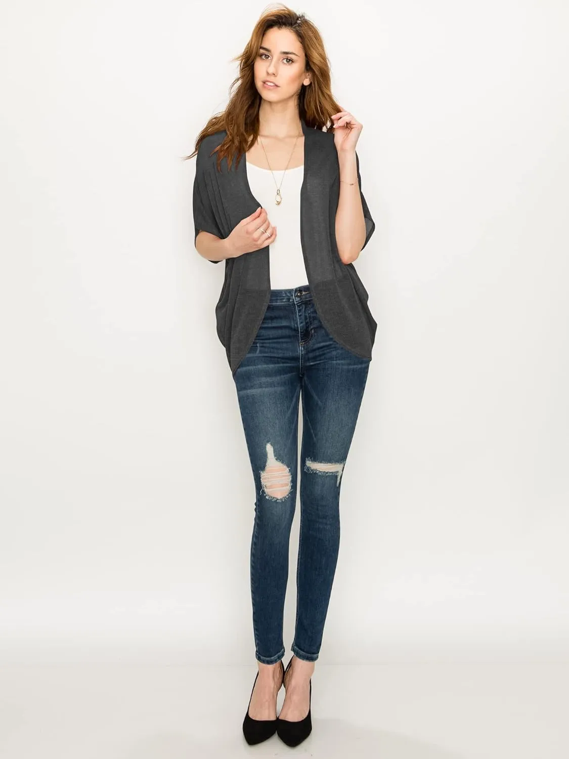 Lock and Love Kimono Style Women's Short Sleeve Open-Front Batwing Cardigan Loose fit