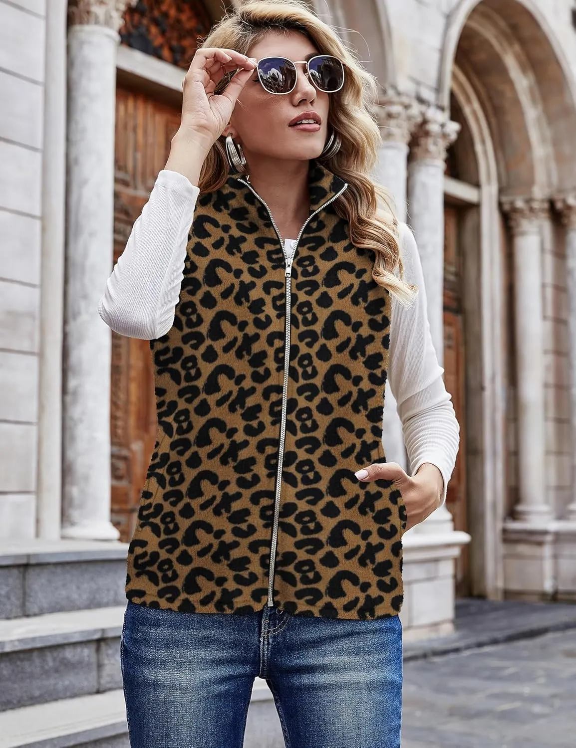 LOMON Womens Fuzzy Sherpa Fleece Jacket Lightweight Vest Cozy Sleeveless Cardigan Zipper Waistcoat Outerwear with Pocket
