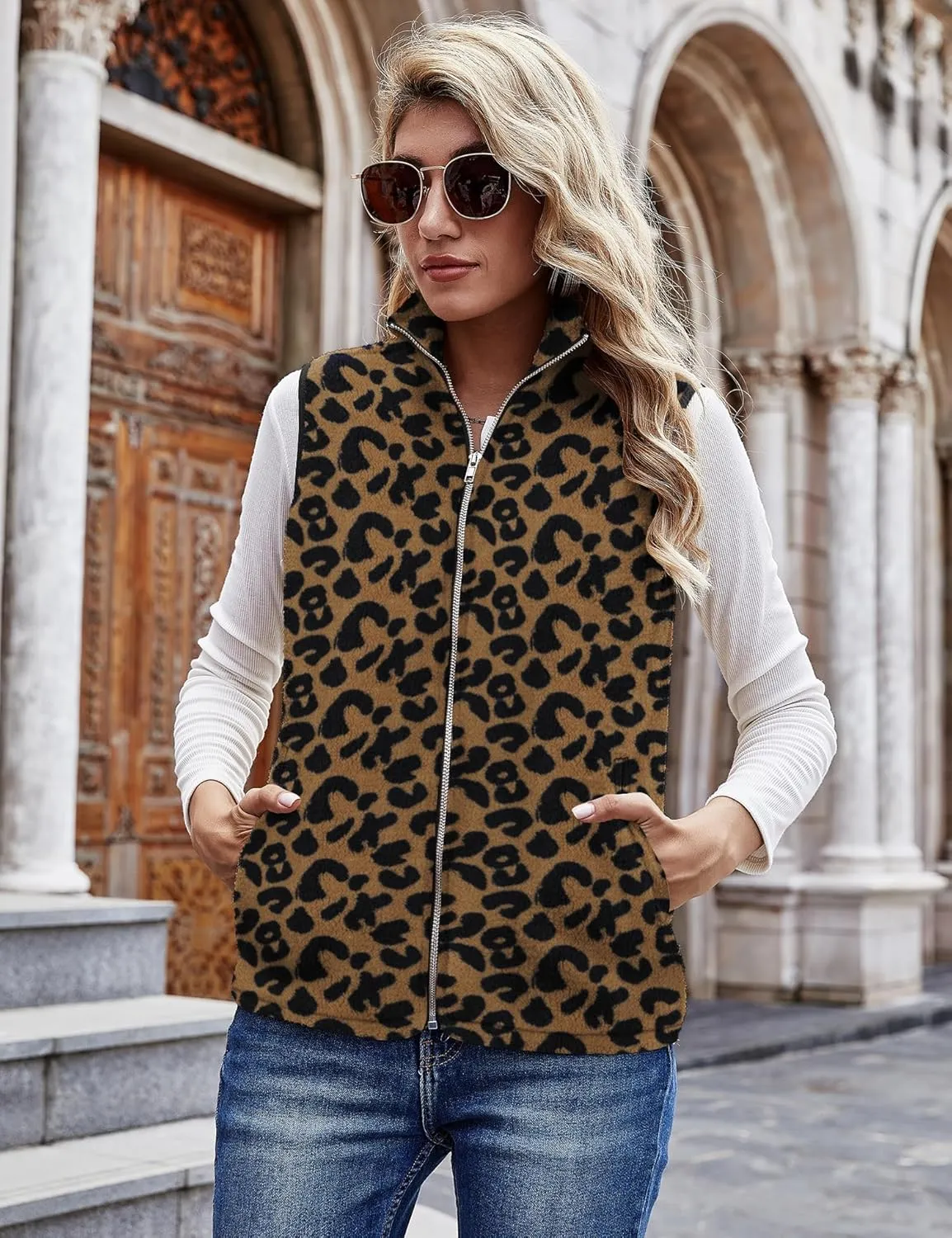 LOMON Womens Fuzzy Sherpa Fleece Jacket Lightweight Vest Cozy Sleeveless Cardigan Zipper Waistcoat Outerwear with Pocket