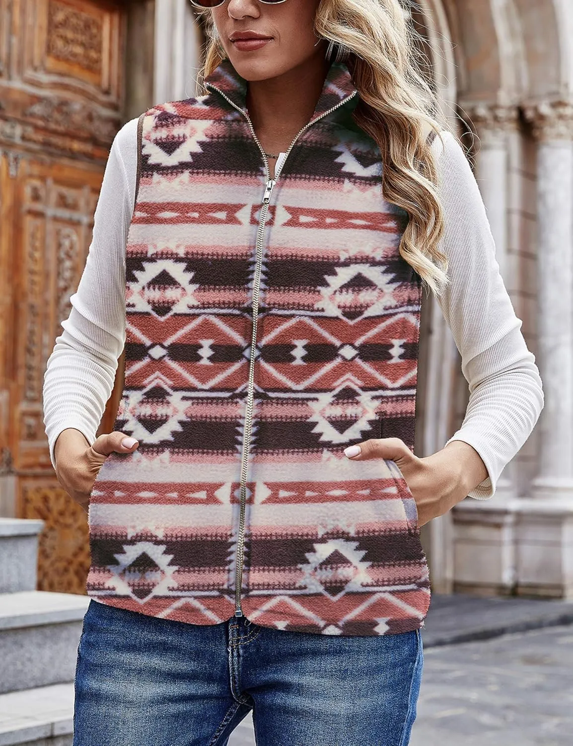 LOMON Womens Fuzzy Sherpa Fleece Jacket Lightweight Vest Cozy Sleeveless Cardigan Zipper Waistcoat Outerwear with Pocket