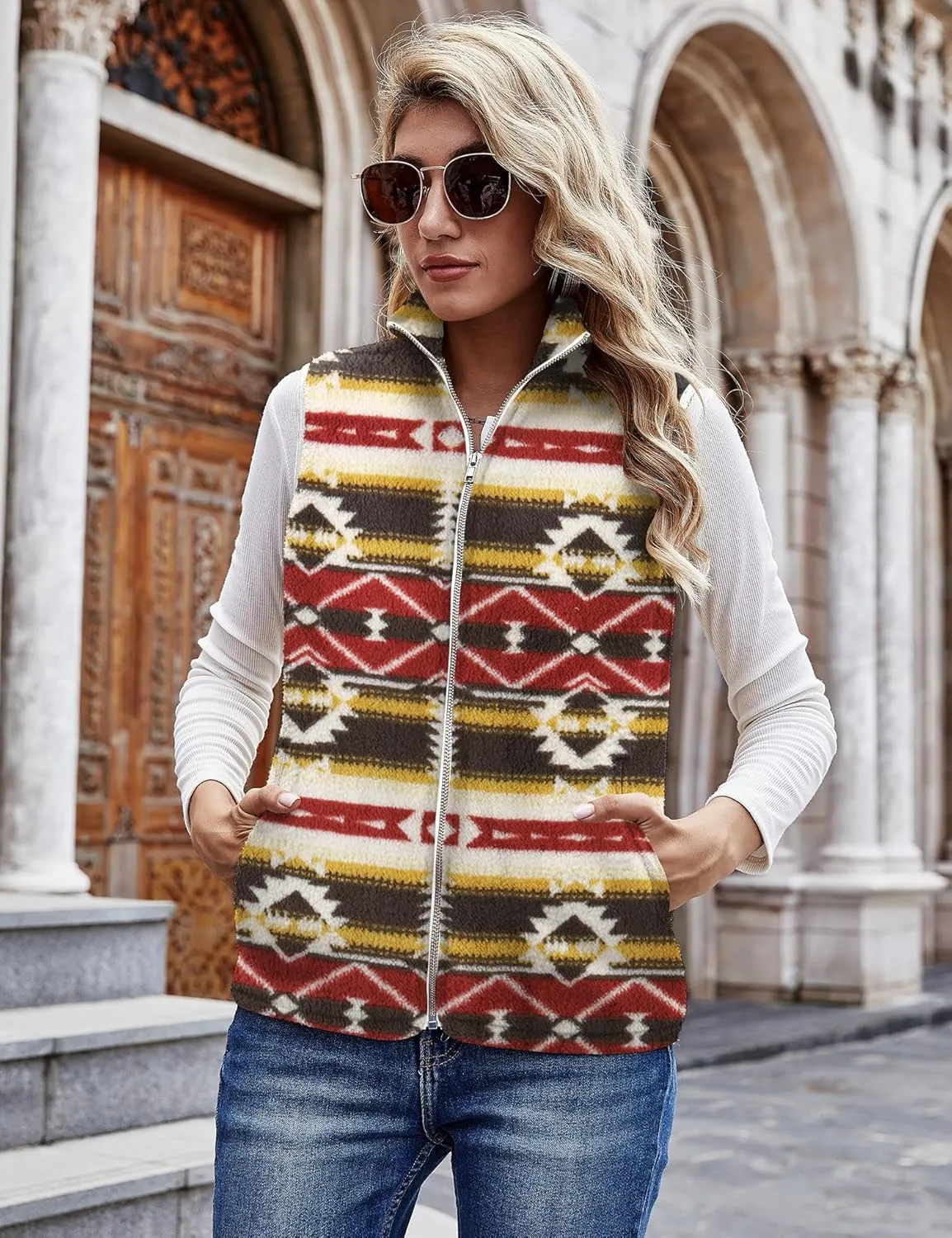 LOMON Womens Fuzzy Sherpa Fleece Jacket Lightweight Vest Cozy Sleeveless Cardigan Zipper Waistcoat Outerwear with Pocket