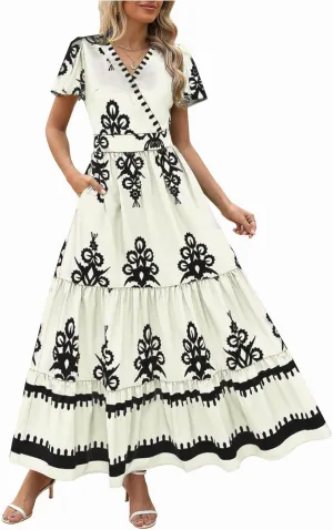 Long Dresses for Women Casual Summer 2025 Boho Floral Vacation Maxi Dress Short Sleeve Pleated Flowy Vintage Dress
