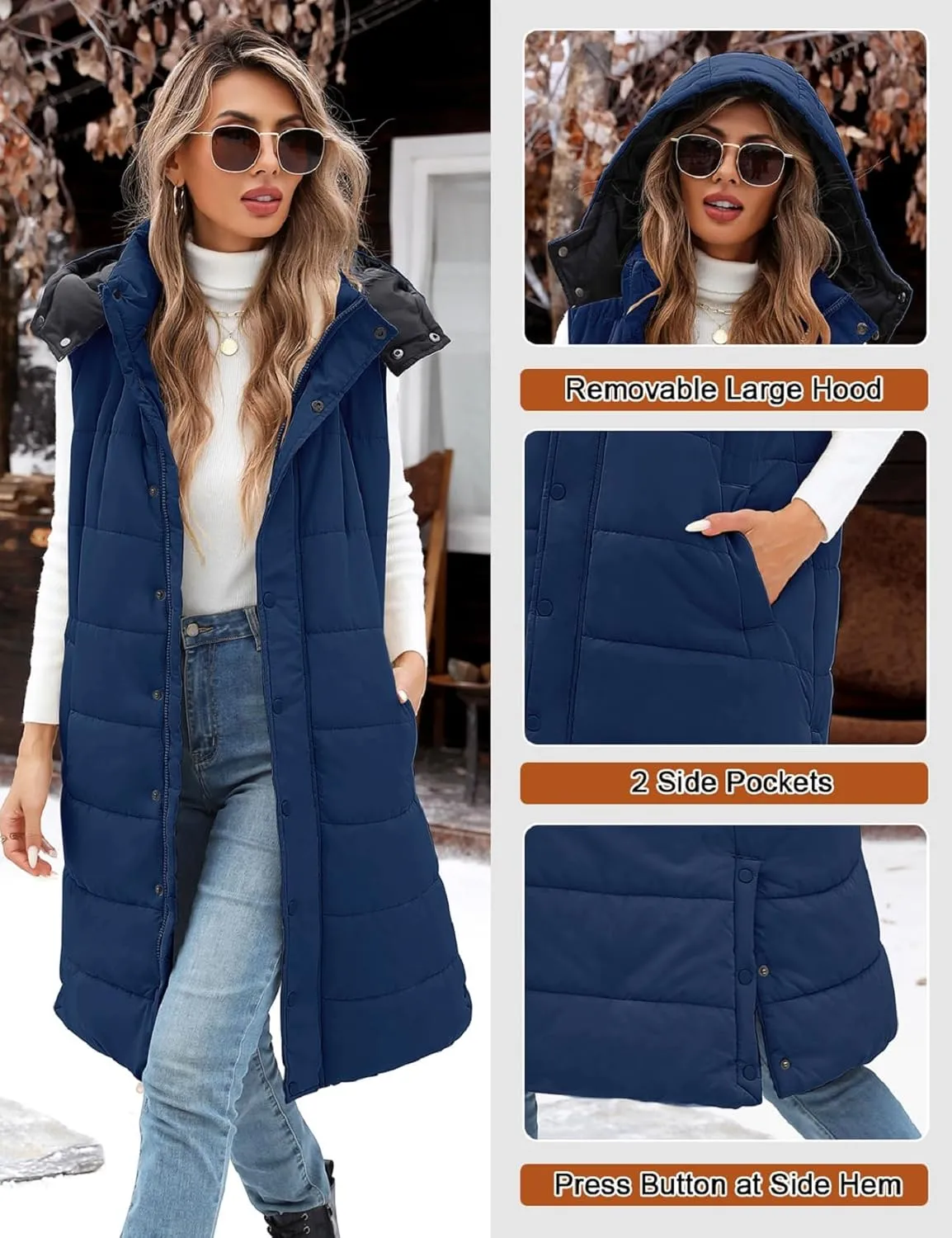 Long Puffer Vest Women With Hood Sleeveless Down Vest Warm Jacket Winter Coat With Pockets