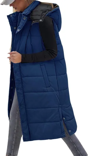Long Puffer Vest Women With Hood Sleeveless Down Vest Warm Jacket Winter Coat With Pockets
