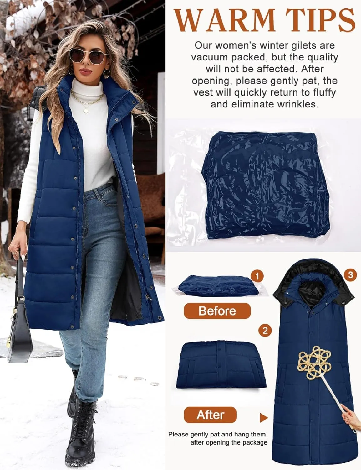 Long Puffer Vest Women With Hood Sleeveless Down Vest Warm Jacket Winter Coat With Pockets