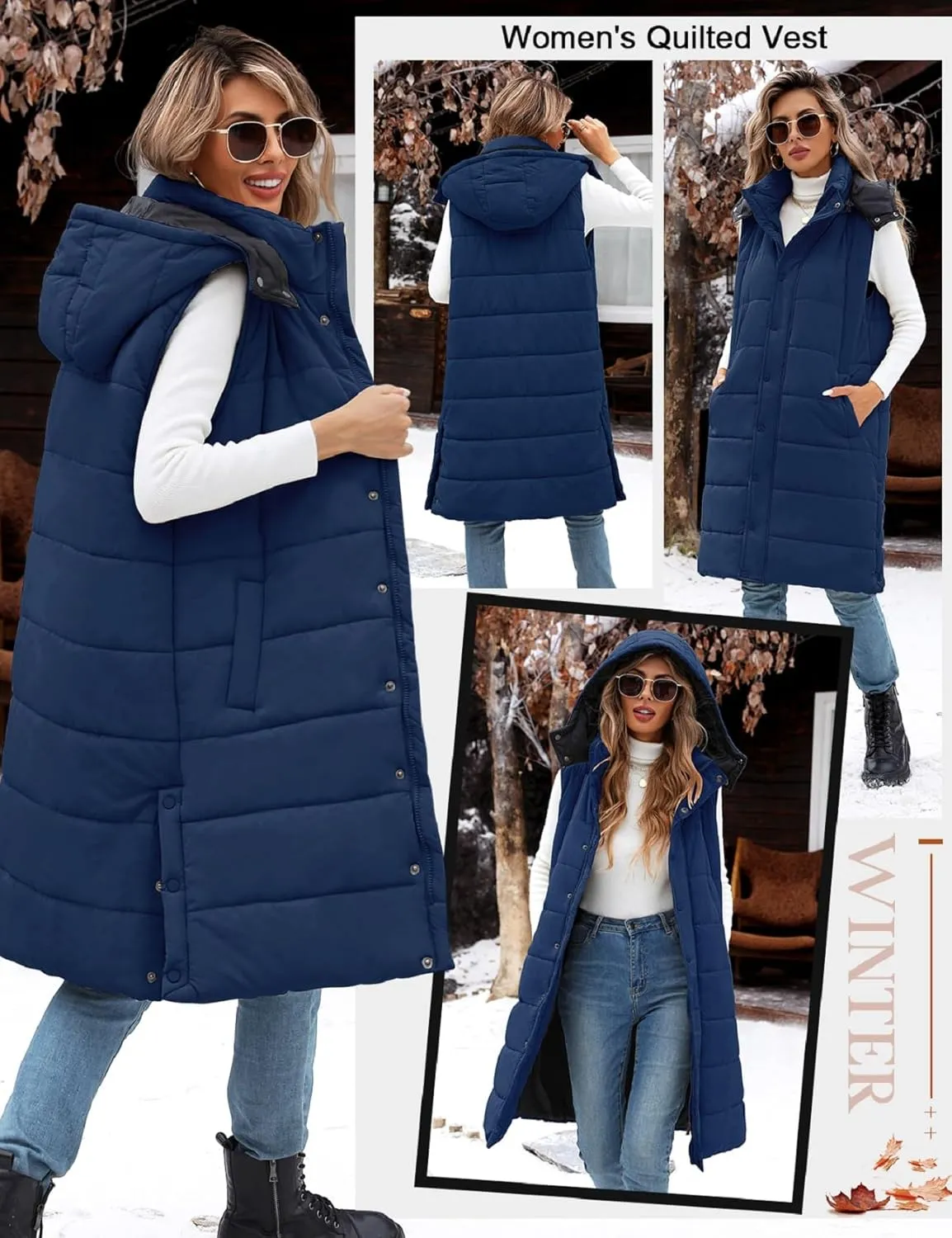Long Puffer Vest Women With Hood Sleeveless Down Vest Warm Jacket Winter Coat With Pockets