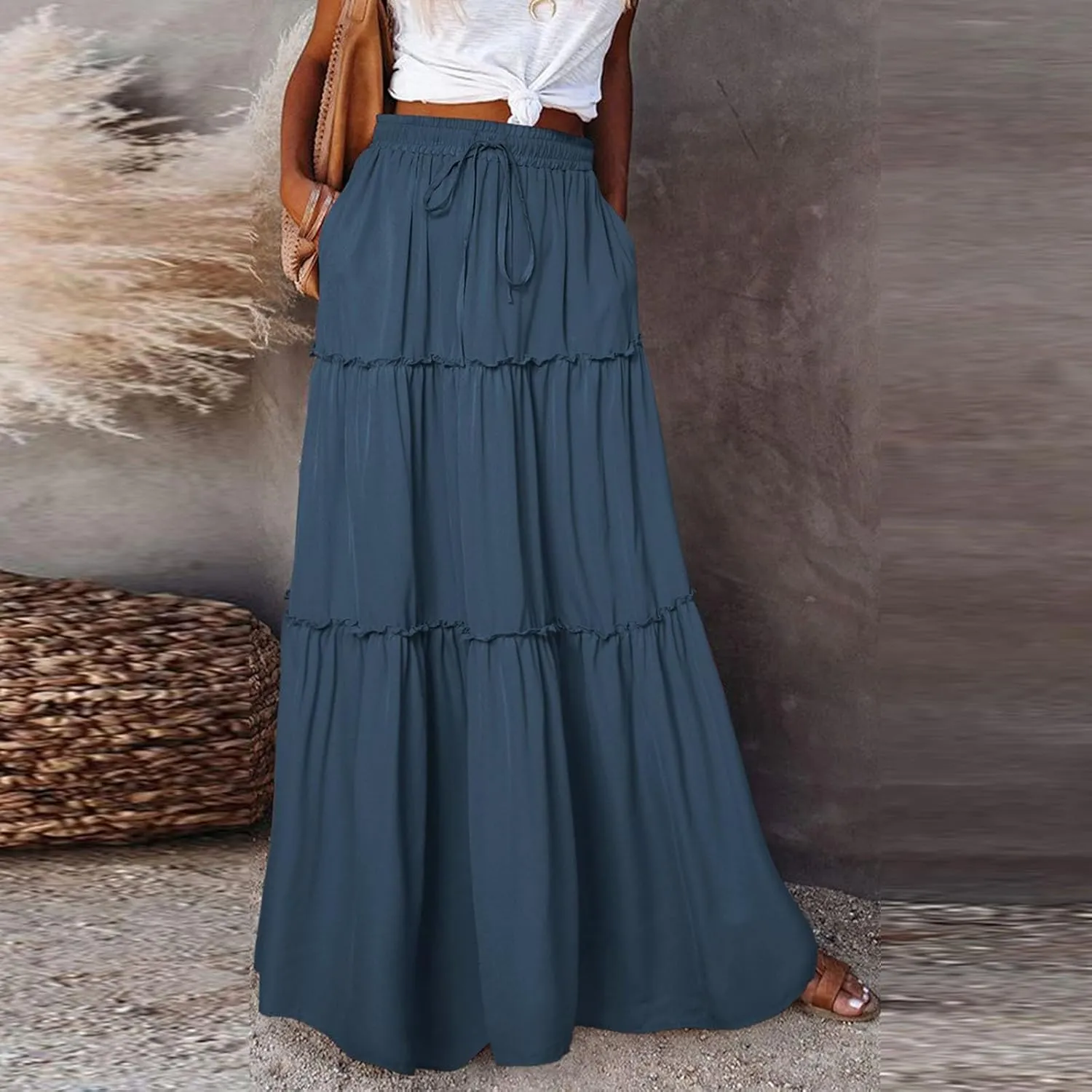 Long Skirts for Women 2025 Elastic Waist Solid Pleated Ruffle Boho Flowy A line Maxi Skirt, S-2XL