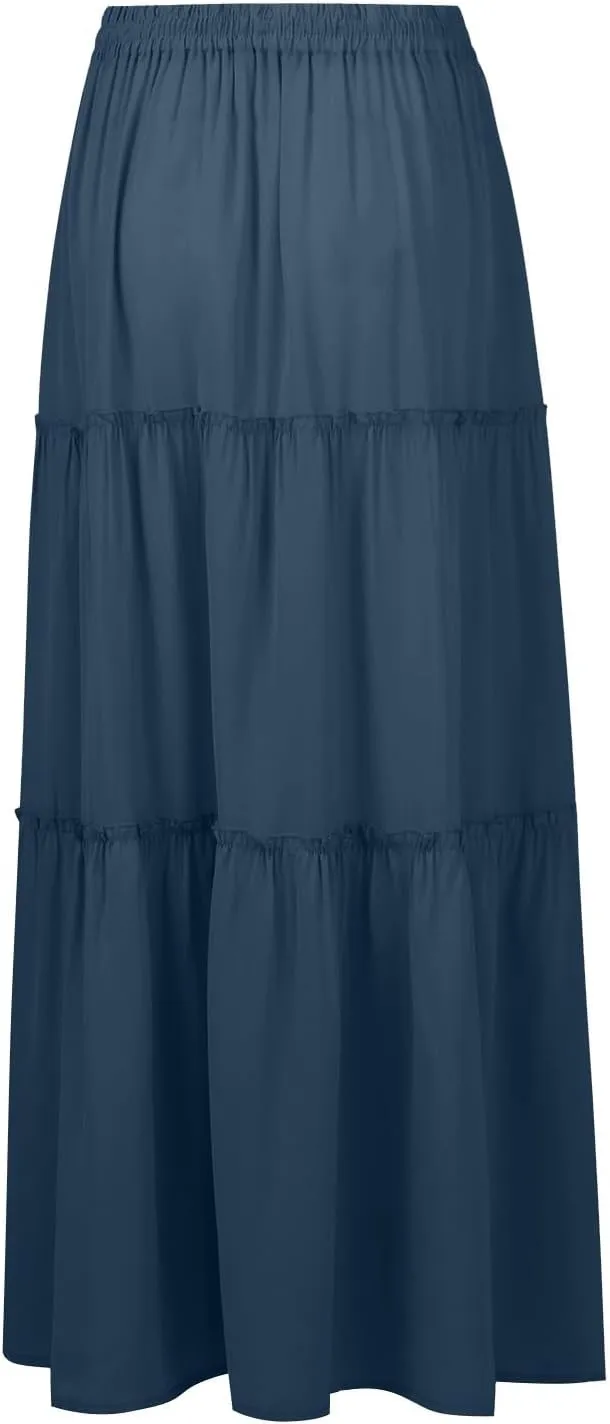 Long Skirts for Women 2025 Elastic Waist Solid Pleated Ruffle Boho Flowy A line Maxi Skirt, S-2XL