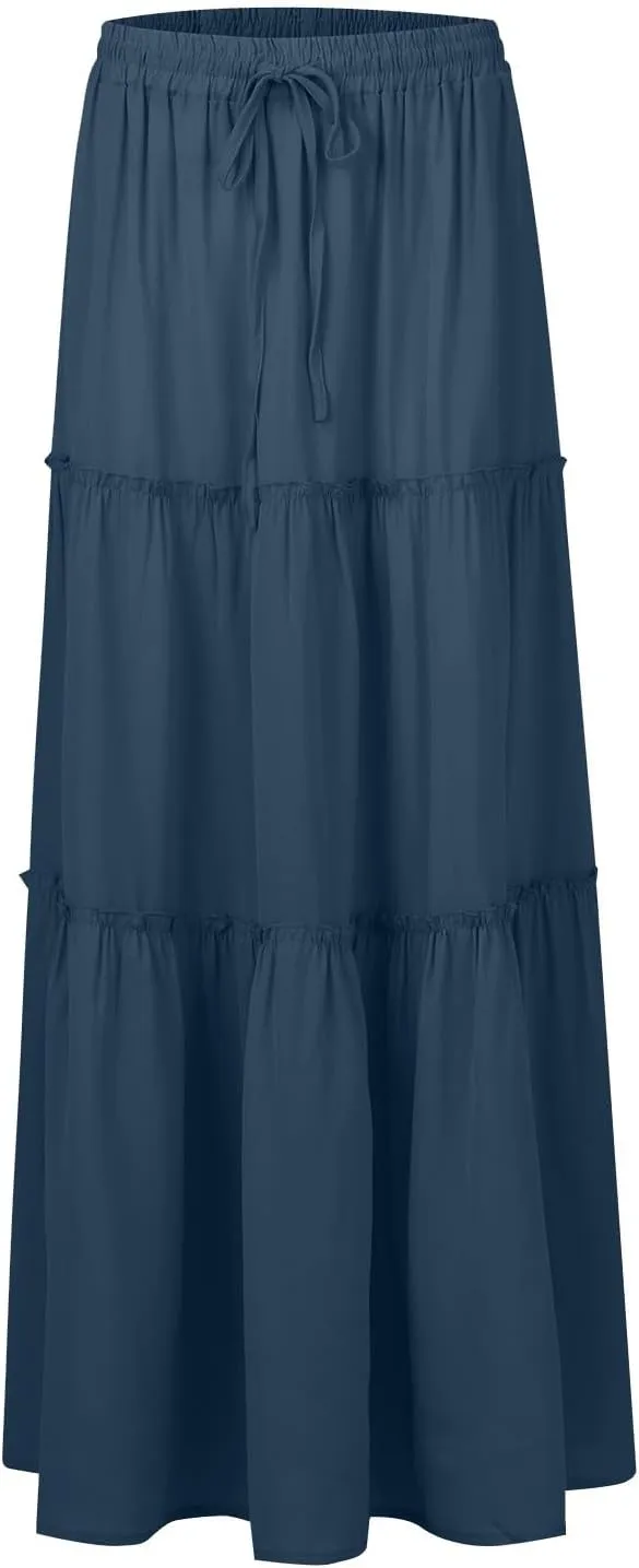 Long Skirts for Women 2025 Elastic Waist Solid Pleated Ruffle Boho Flowy A line Maxi Skirt, S-2XL