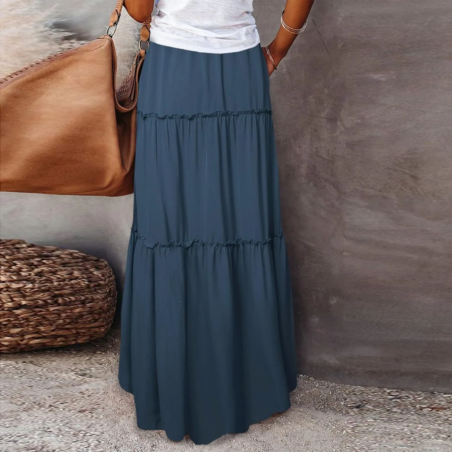 Long Skirts for Women 2025 Elastic Waist Solid Pleated Ruffle Boho Flowy A line Maxi Skirt, S-2XL