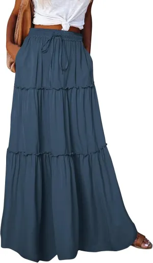 Long Skirts for Women 2025 Elastic Waist Solid Pleated Ruffle Boho Flowy A line Maxi Skirt, S-2XL