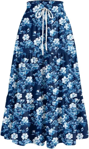Long Skirts for Women Maxi Boho Summer Floral Print A Line Skirts Drawstring Elastic High Waist Pleated Tiered Skirt