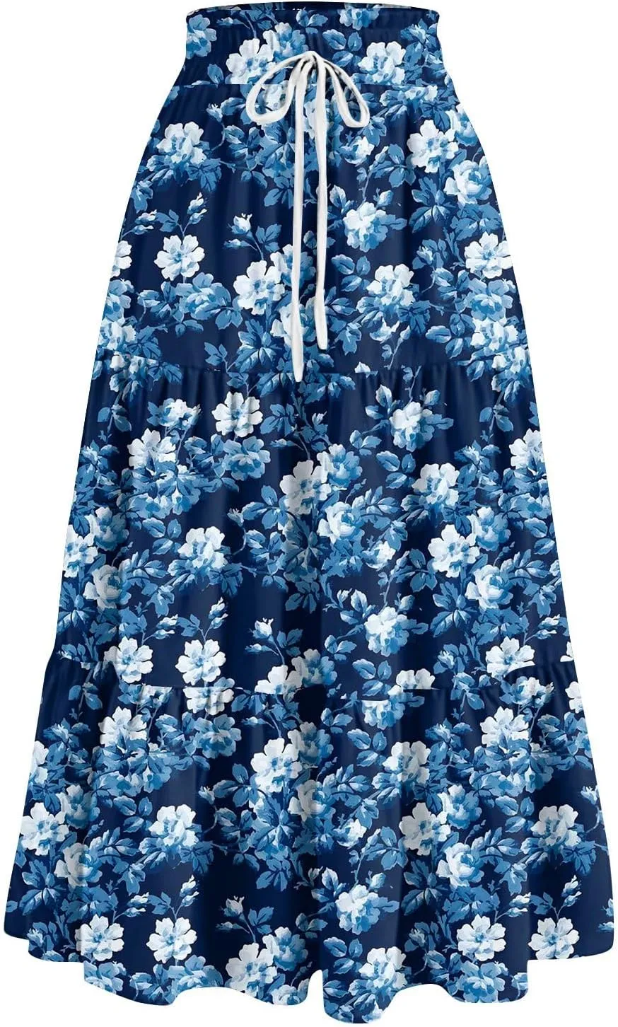 Long Skirts for Women Maxi Boho Summer Floral Print A Line Skirts Drawstring Elastic High Waist Pleated Tiered Skirt
