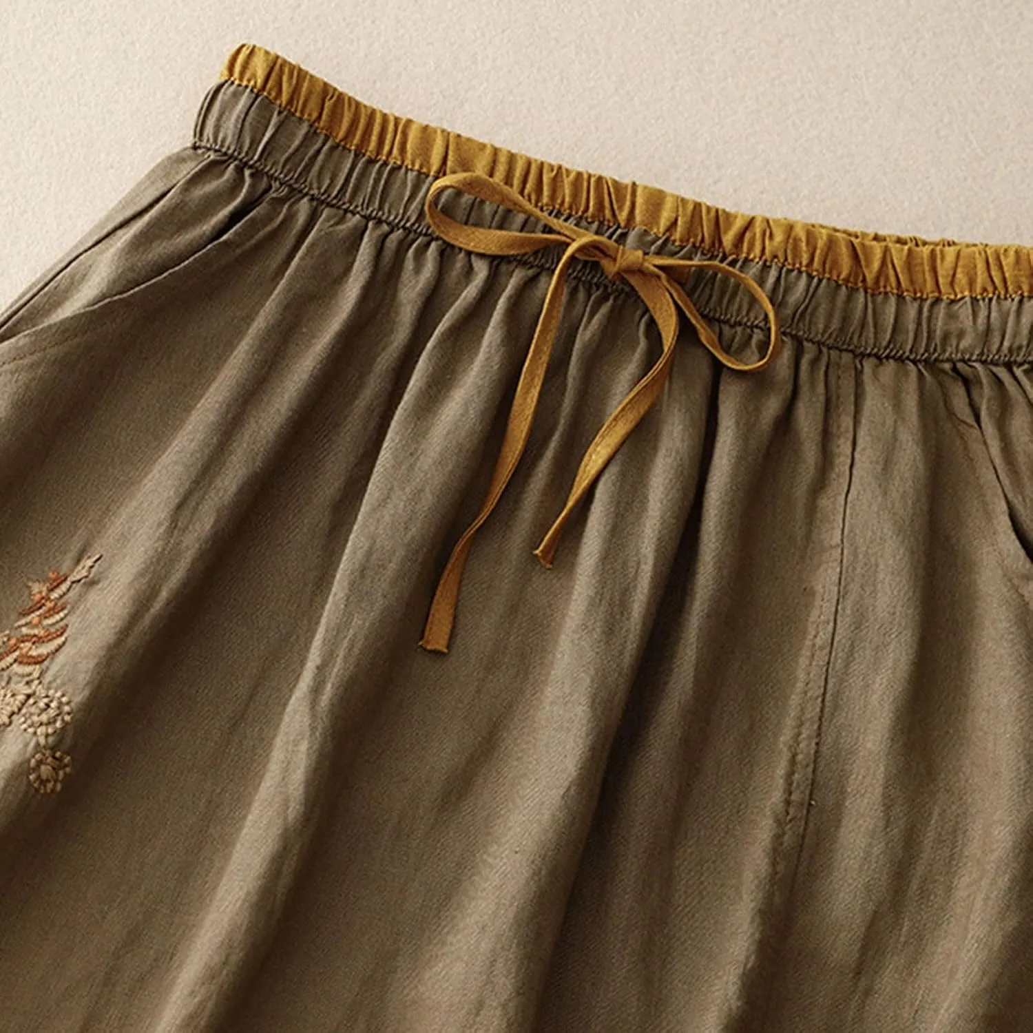 Long Skirts for Women Summer Casual Embroidered Floral Cotton Linen Skirt Dress Loose Fit Elastic Waist Maxi Skirts