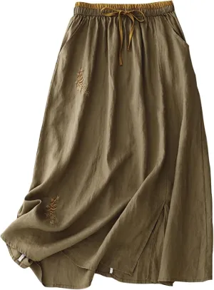 Long Skirts for Women Summer Casual Embroidered Floral Cotton Linen Skirt Dress Loose Fit Elastic Waist Maxi Skirts