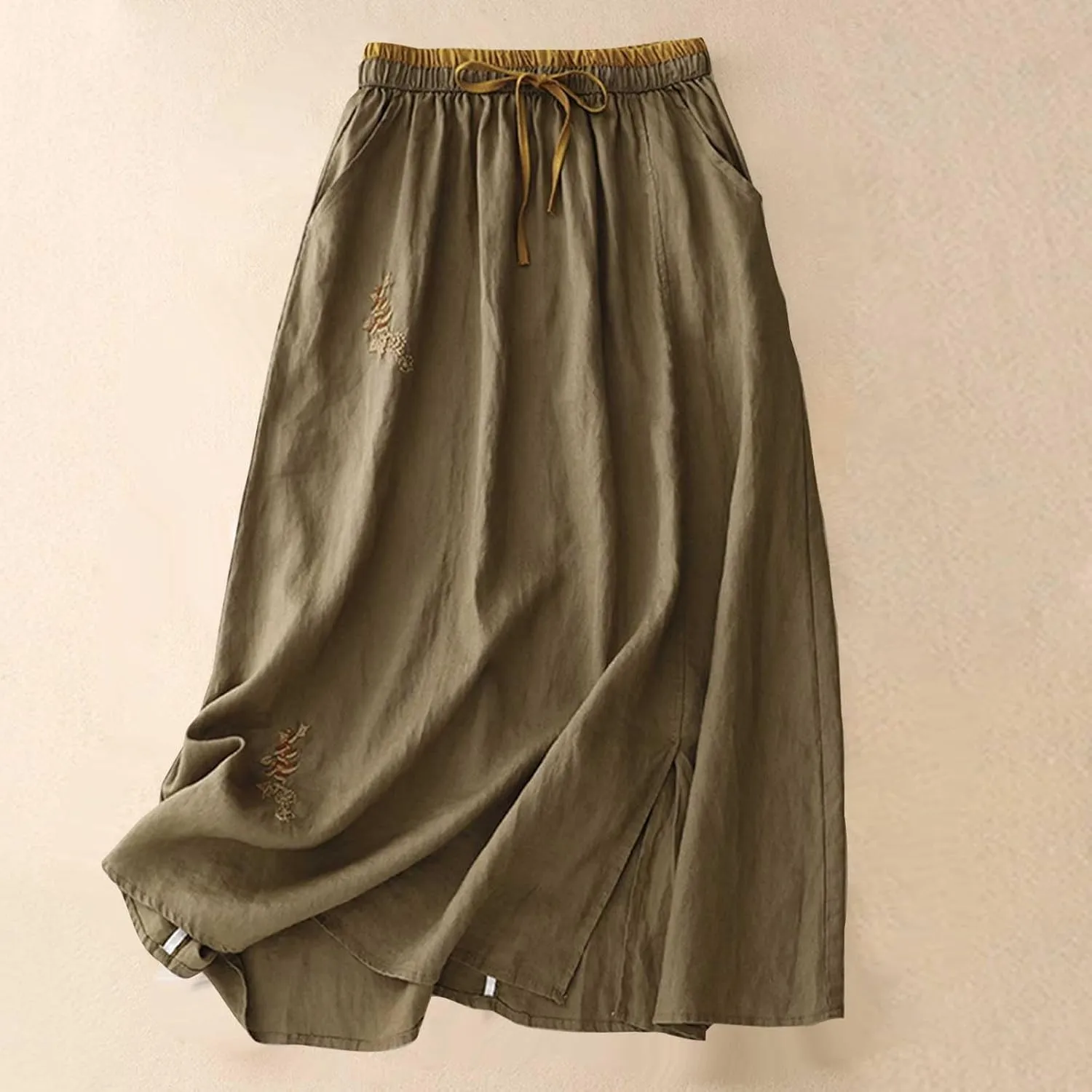 Long Skirts for Women Summer Casual Embroidered Floral Cotton Linen Skirt Dress Loose Fit Elastic Waist Maxi Skirts
