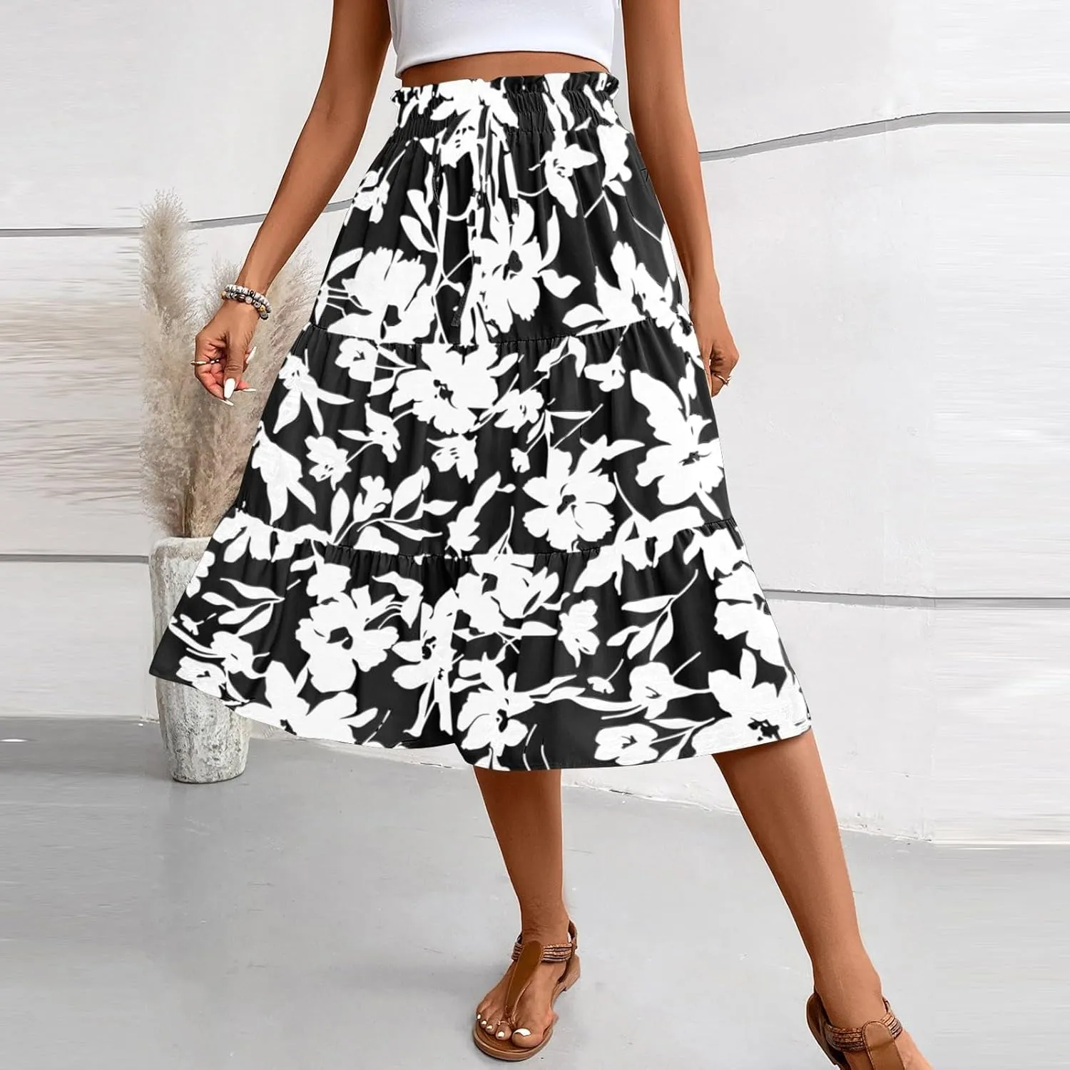 Long Skirts for Women,Elastic High Waisted Womens Boho Maxi Skirt with Pockets Linen Flowy Long Skirts 2025 Trendy
